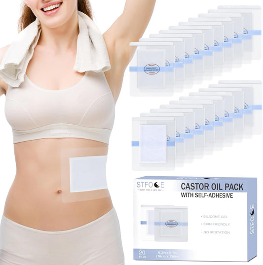 20Pcs Castor Oil Pack Wrap, Castor Oil Patches for Abdominal Area, Silicone Gel Technology for Gentle Sensitive Skin Comfort, Low Sensation Wear, Painless Removal