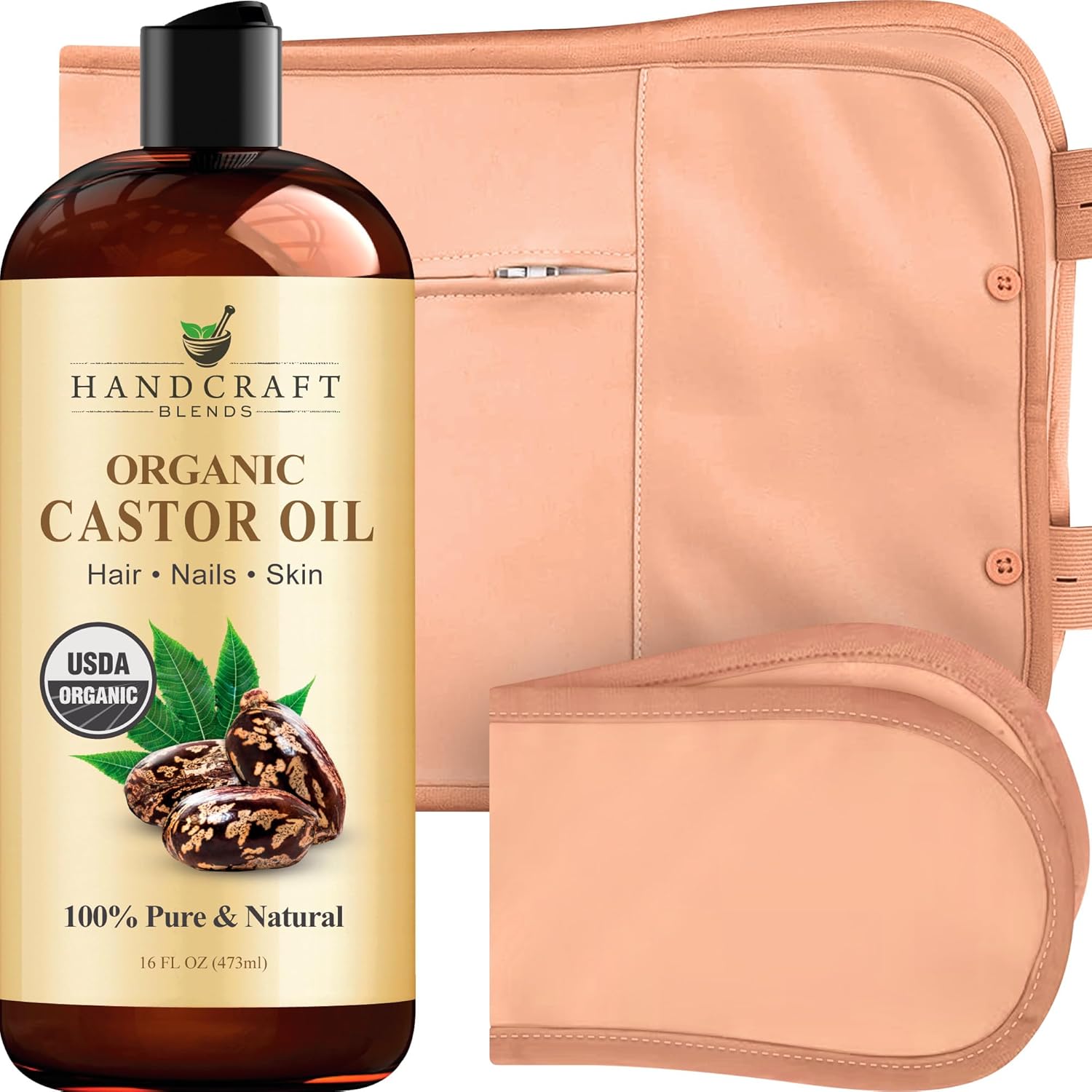Castor Oil Pack Wrap | Organic Castor Oil 16 Oz | Reusable Wraps | Durable Comfortable Pack Wraps | Adjustable Elastic Straps | Neck and Stomach
