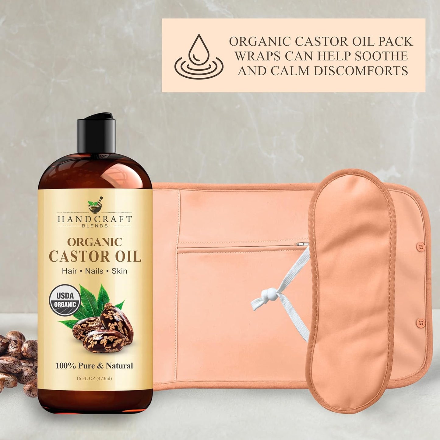 Castor Oil Pack Wrap | Organic Castor Oil 16 Oz | Reusable Wraps | Durable Comfortable Pack Wraps | Adjustable Elastic Straps | Neck and Stomach