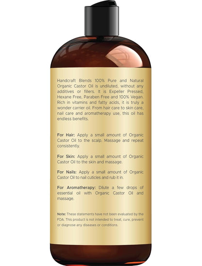 Organic Castor Oil 16 Fl Oz | 100% Pure and Natural | Premium Grade Carrier Oil | Hair, Eyelashes and Eyebrows | Hair and Body | Expeller-Pressed | Hexane-Free